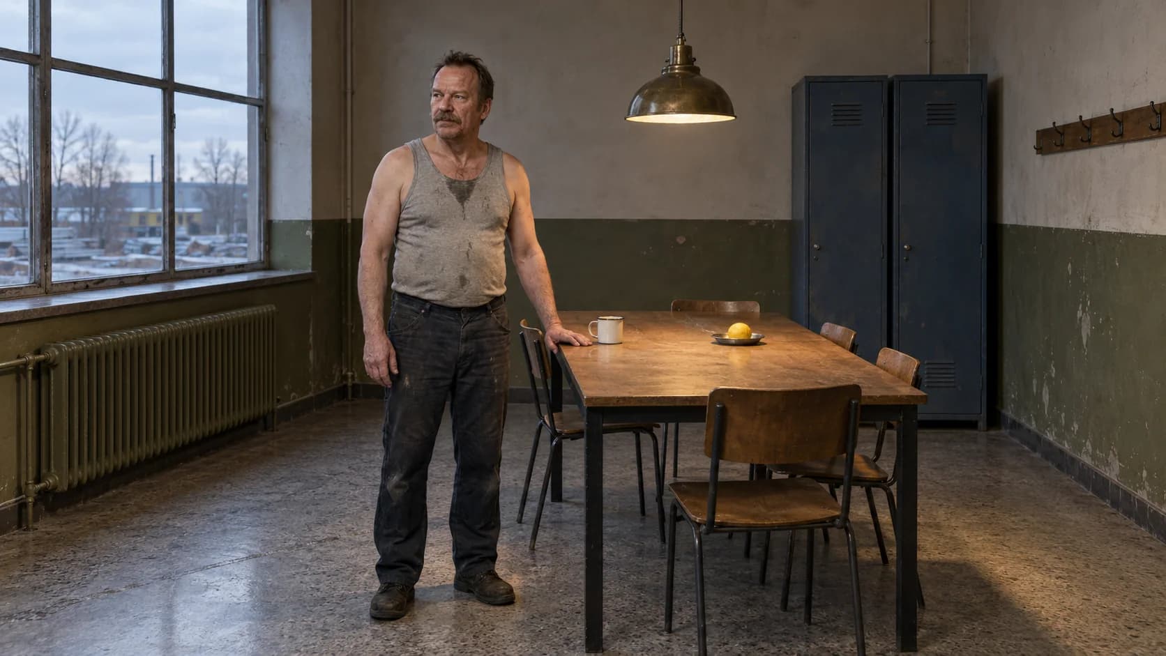 Brutalisti stands beside a worn plywood table in an olive-and-gray depot break room, lit by a broad window and a brass pendant. A lemon and coffee mug rest on the table.
