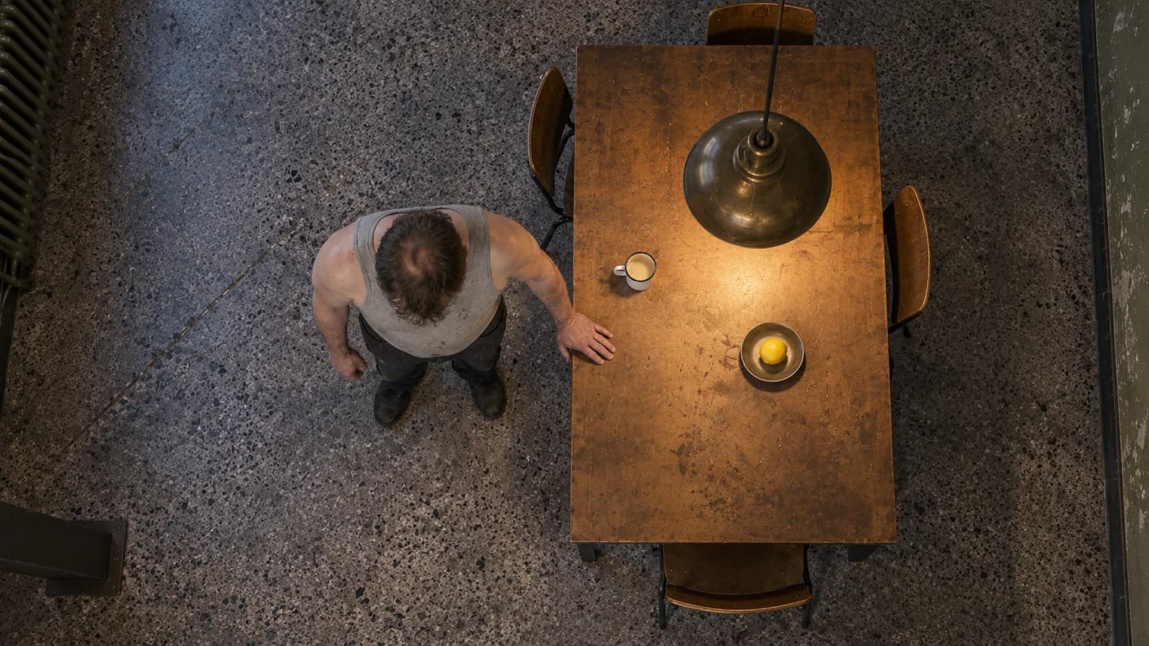 Straight-down view of Brutalisti's crown and shoulders beside a rectangular table with a mug and lemon.