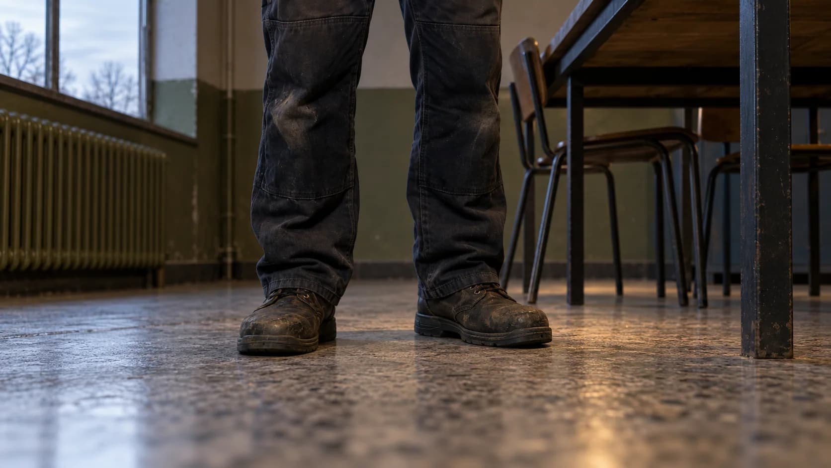 Floor-height photograph of Brutalisti's worn shoes and lower trouser legs beside the table legs.