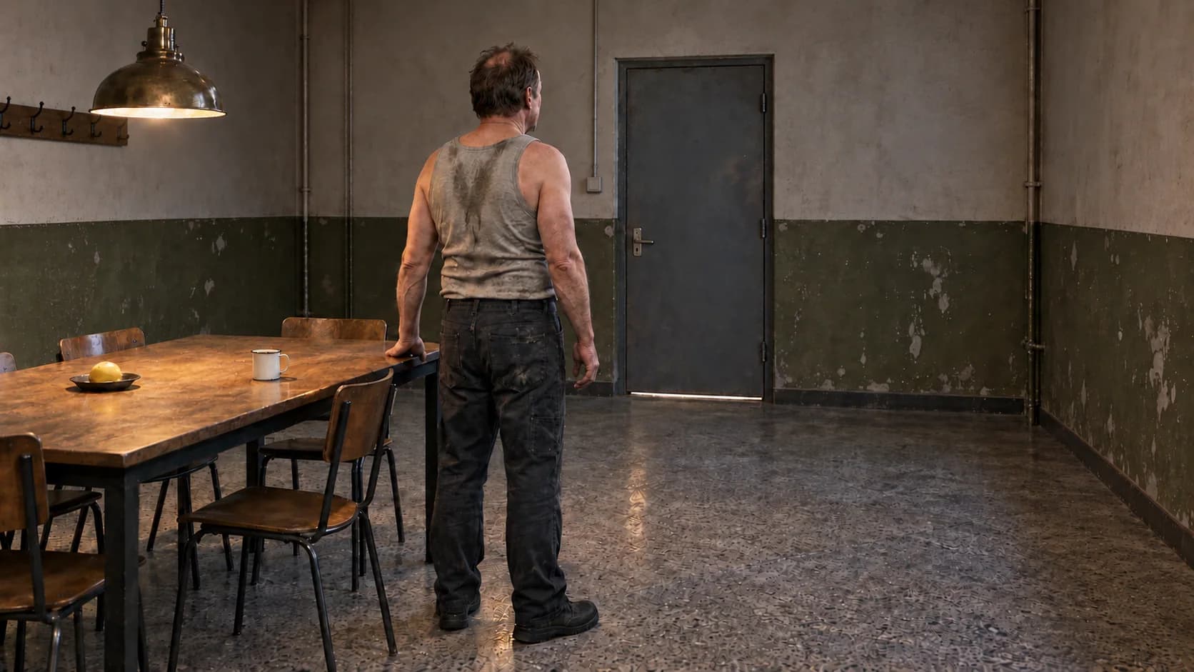 The back and right side of Brutalisti, with his head still turned away from the camera.
