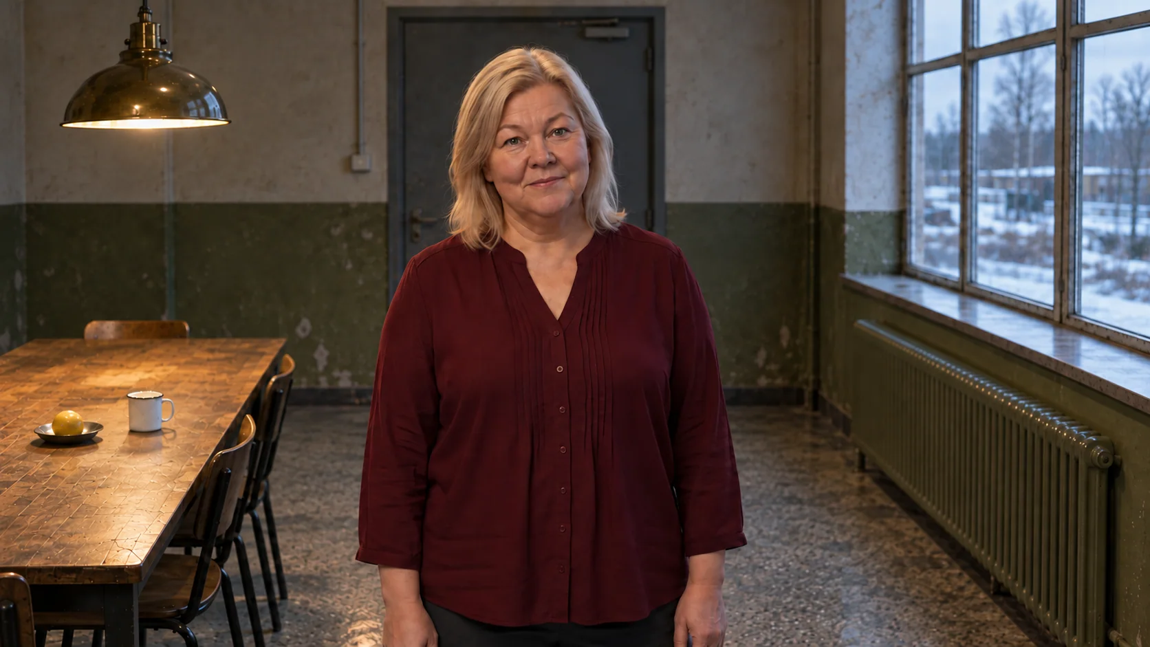 Hilma faces the viewer from Brutalisti's own eye-level position in the room.