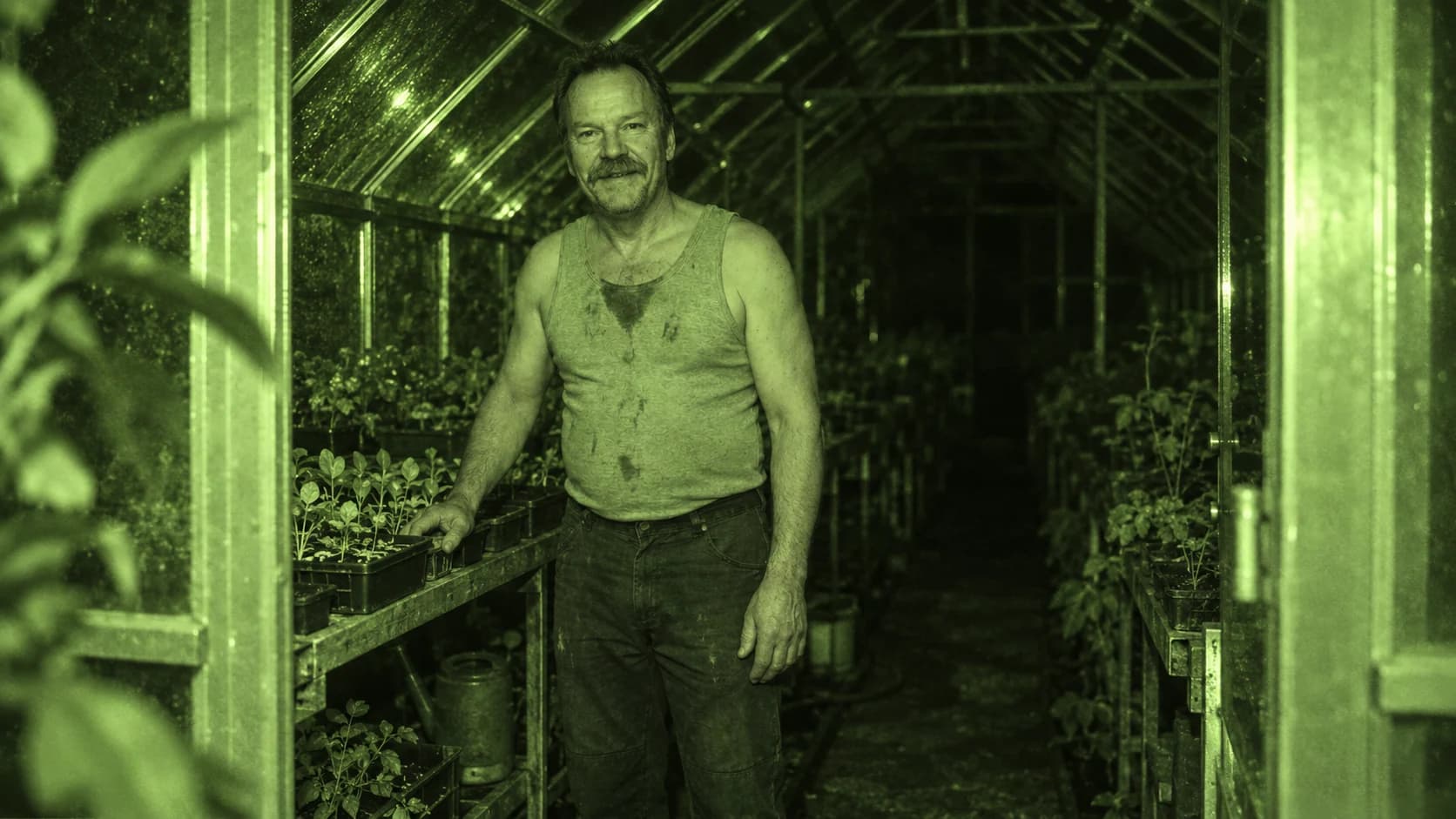 Brutalisti among greenhouse plants at night, rendered in grainy green night vision.