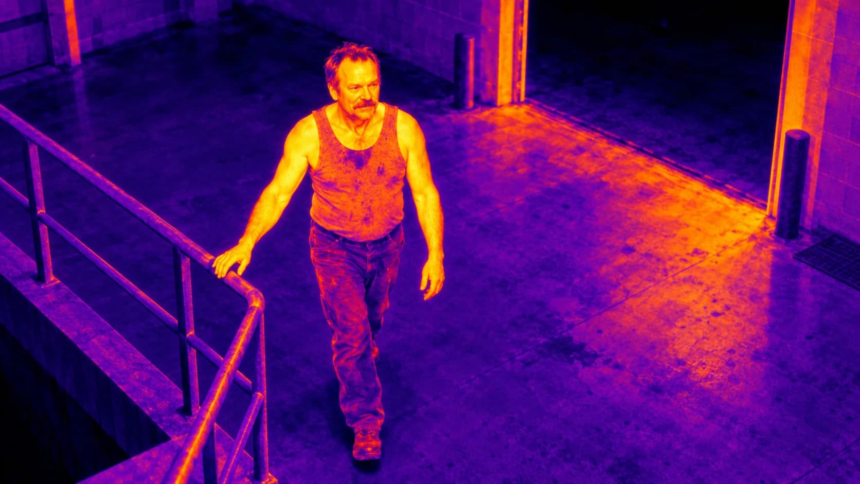 Brutalisti by a loading-bay railing, with warm skin in yellow-orange and the cool room in purple false color.