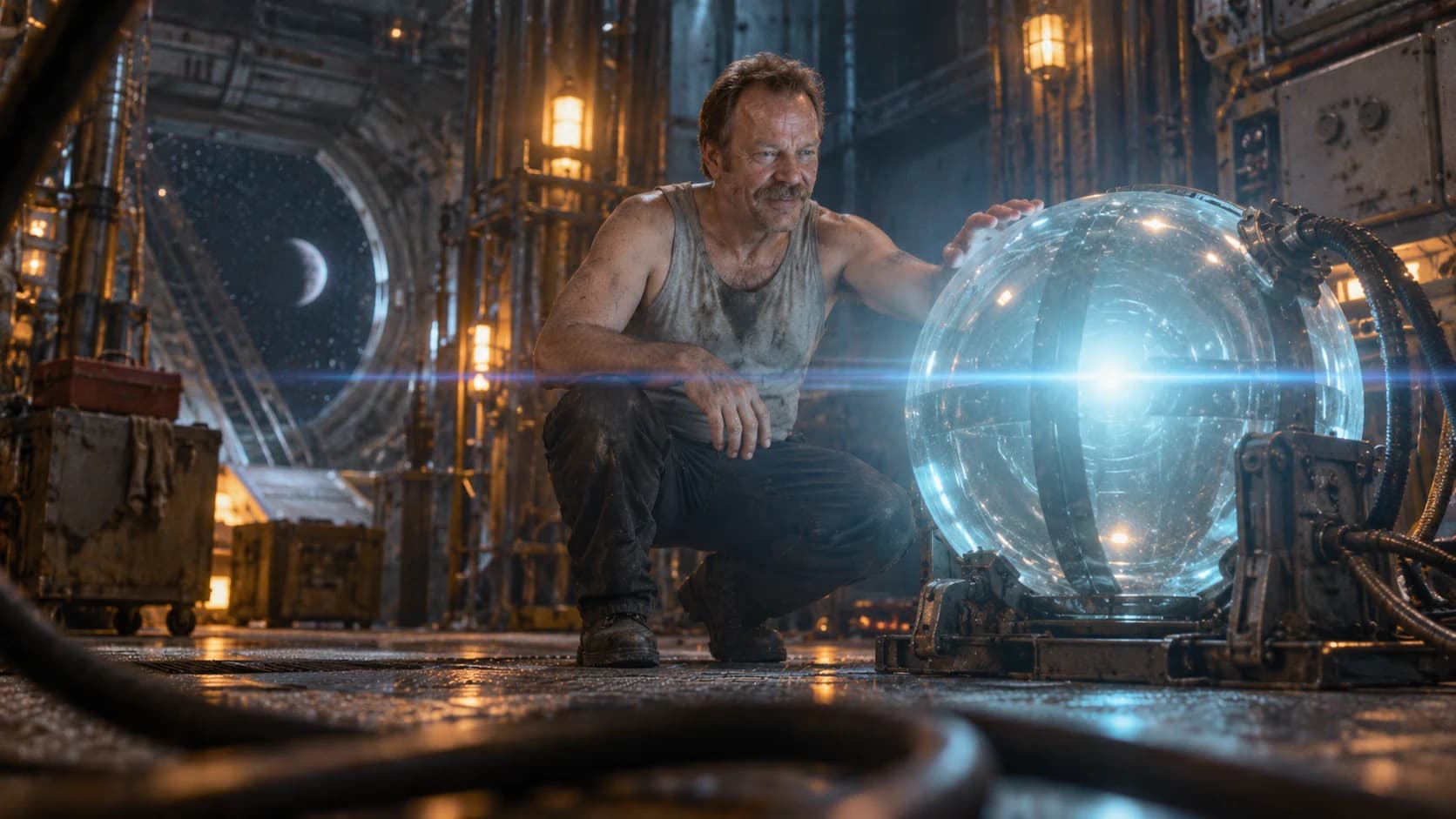 Brutalisti crouching beside a glowing blue sphere in a practical spacecraft set, with horizontal optical flare.