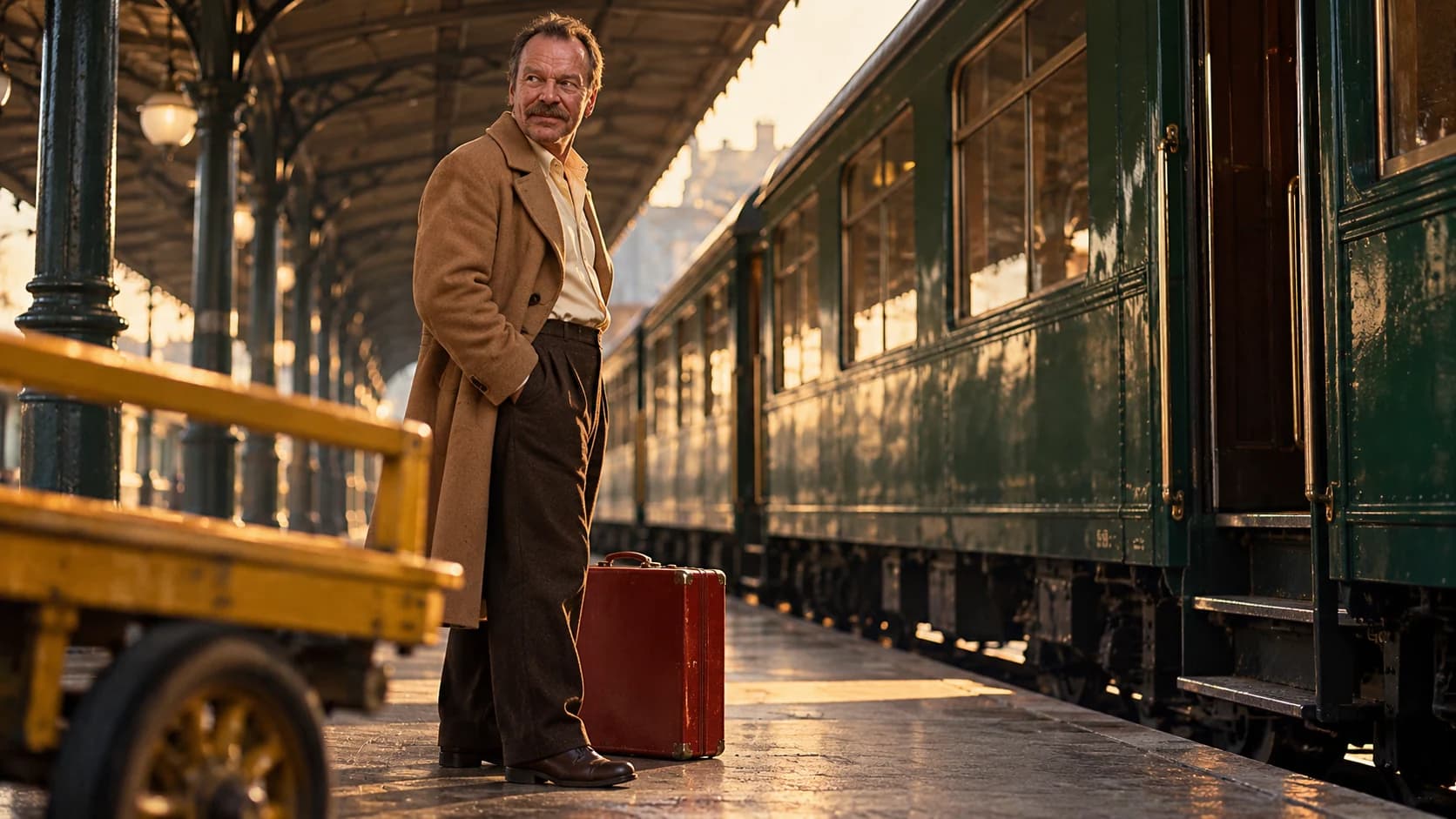 Brutalisti in a camel coat beside a red suitcase and green railway carriage, with rich mid-century color.