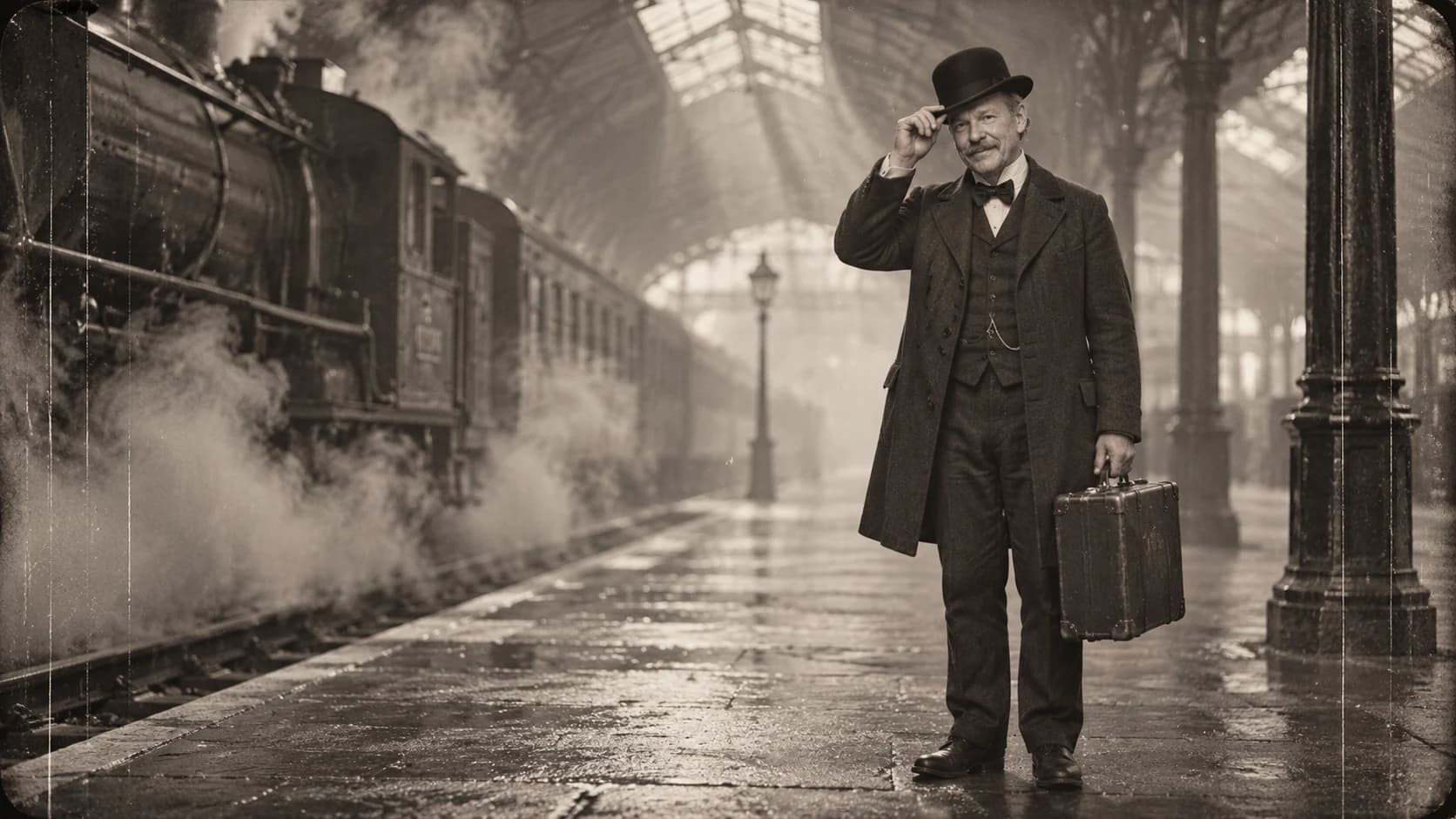 Brutalisti in a bowler hat and suit holding a suitcase on a monochrome, steam-filled station platform.