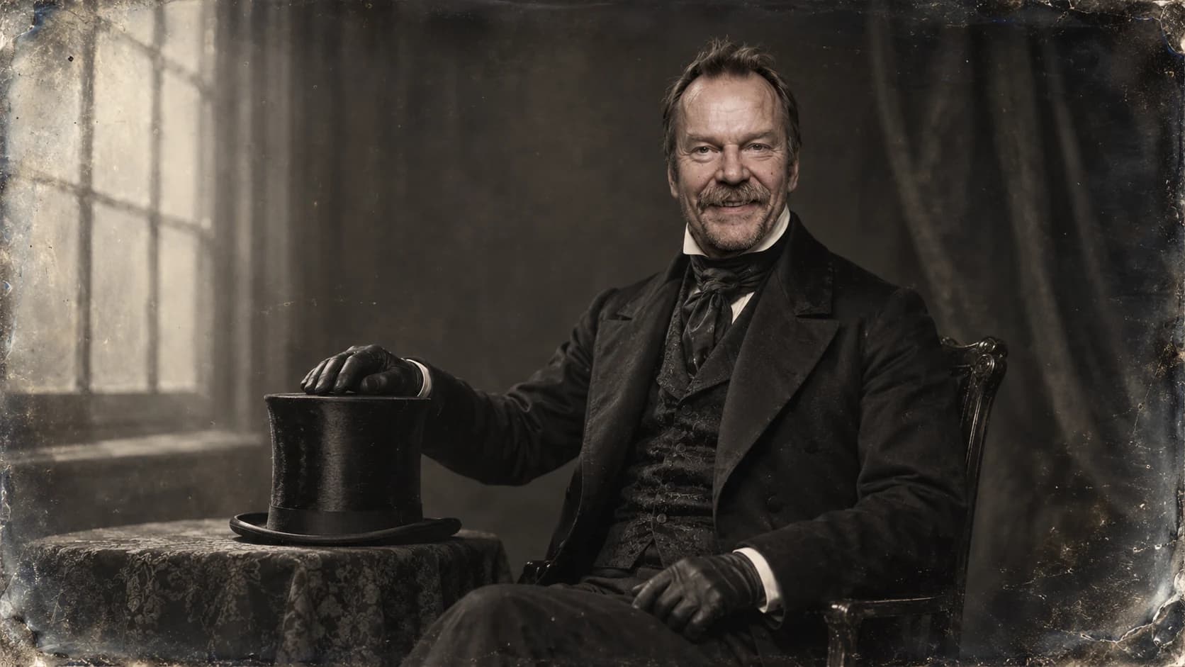 Brutalisti in a frock coat seated beside a cylinder top hat, in a silvery nineteenth-century studio portrait.