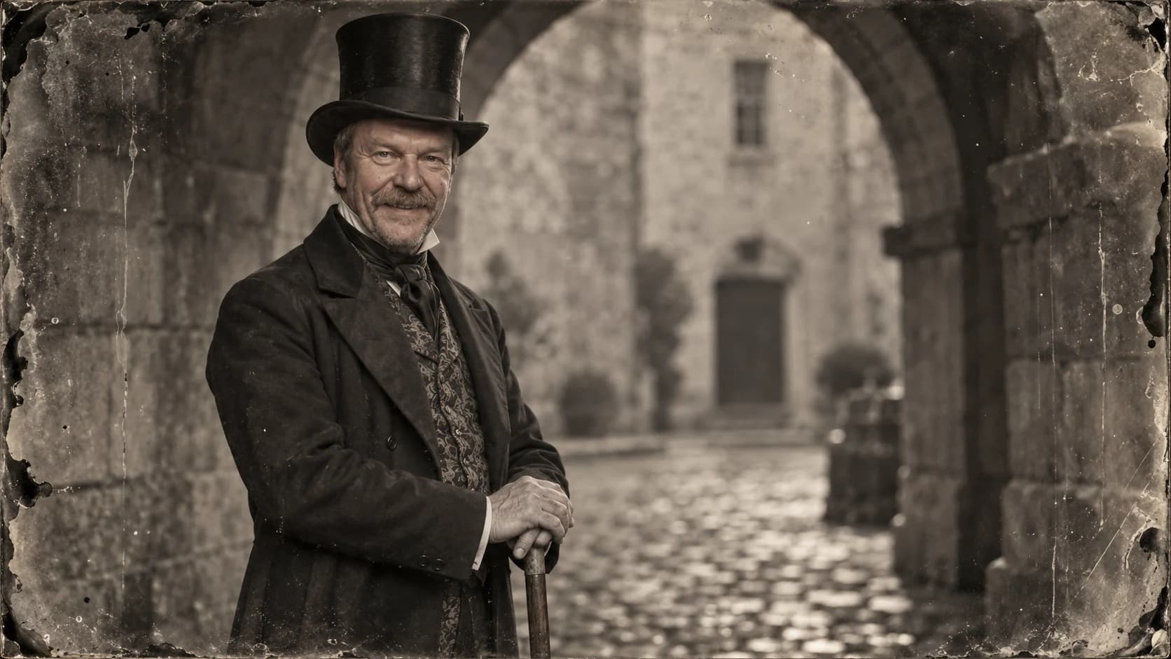 Brutalisti wearing a cylinder top hat and frock coat beneath a stone arch, with uneven wet-plate chemistry.