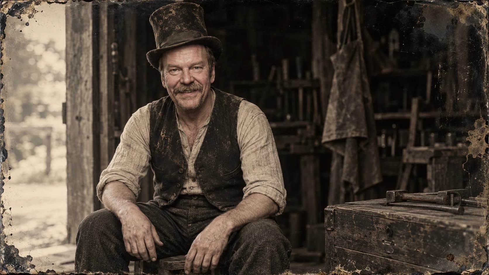 Brutalisti in a worn top hat and waistcoat at a workshop doorway, rendered as a dark warm-toned tintype.