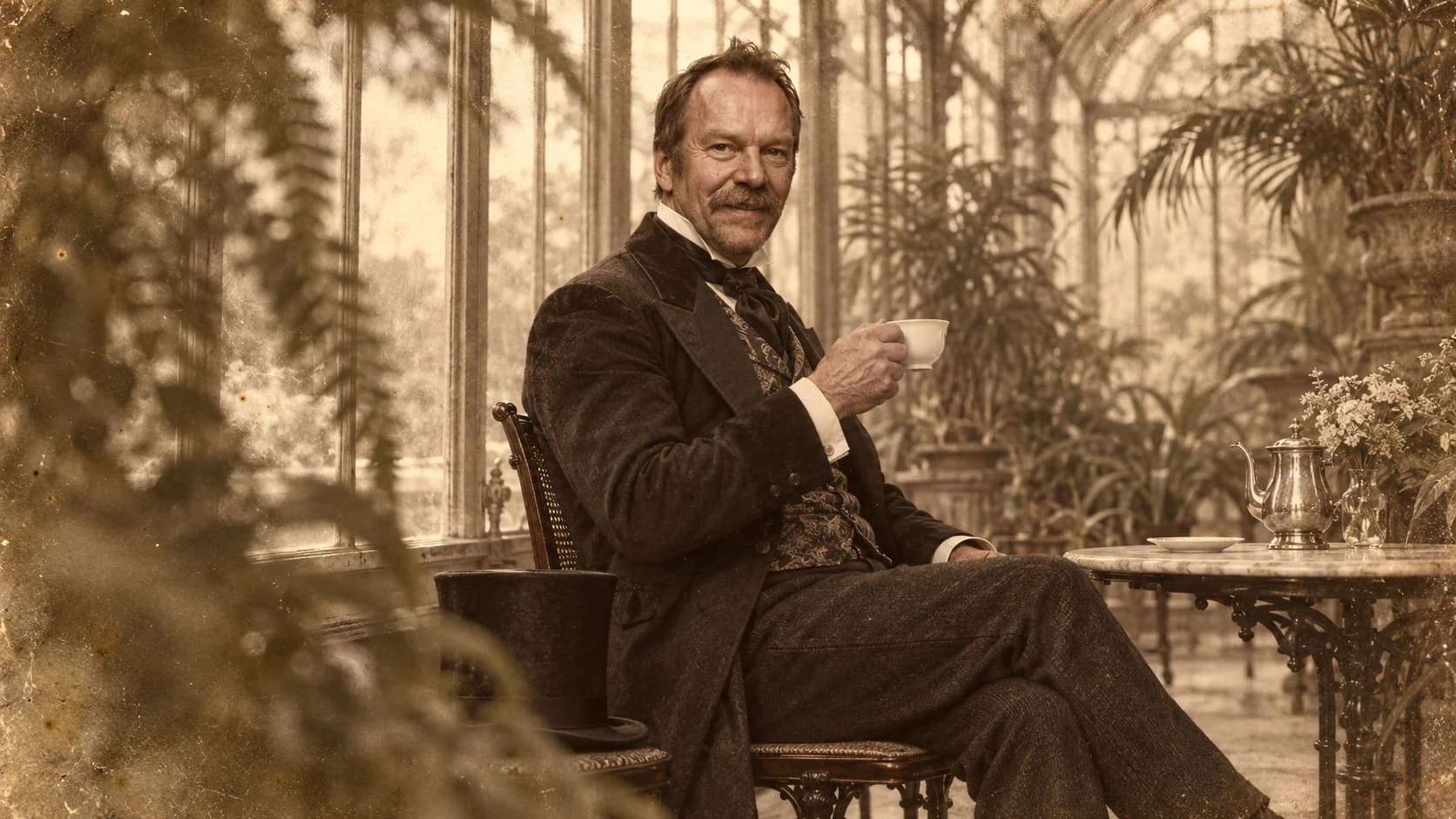 Brutalisti in Victorian formal clothing holding a cup in a conservatory, with warm albumen-print texture.