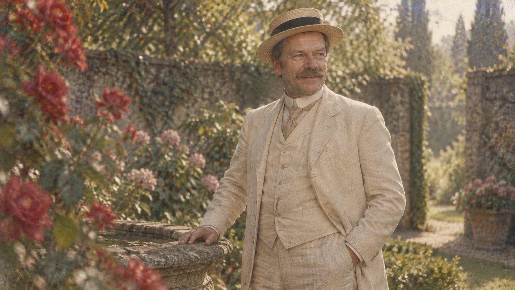 Brutalisti in a linen suit and straw boater in a garden, with muted granular Autochrome-inspired color.
