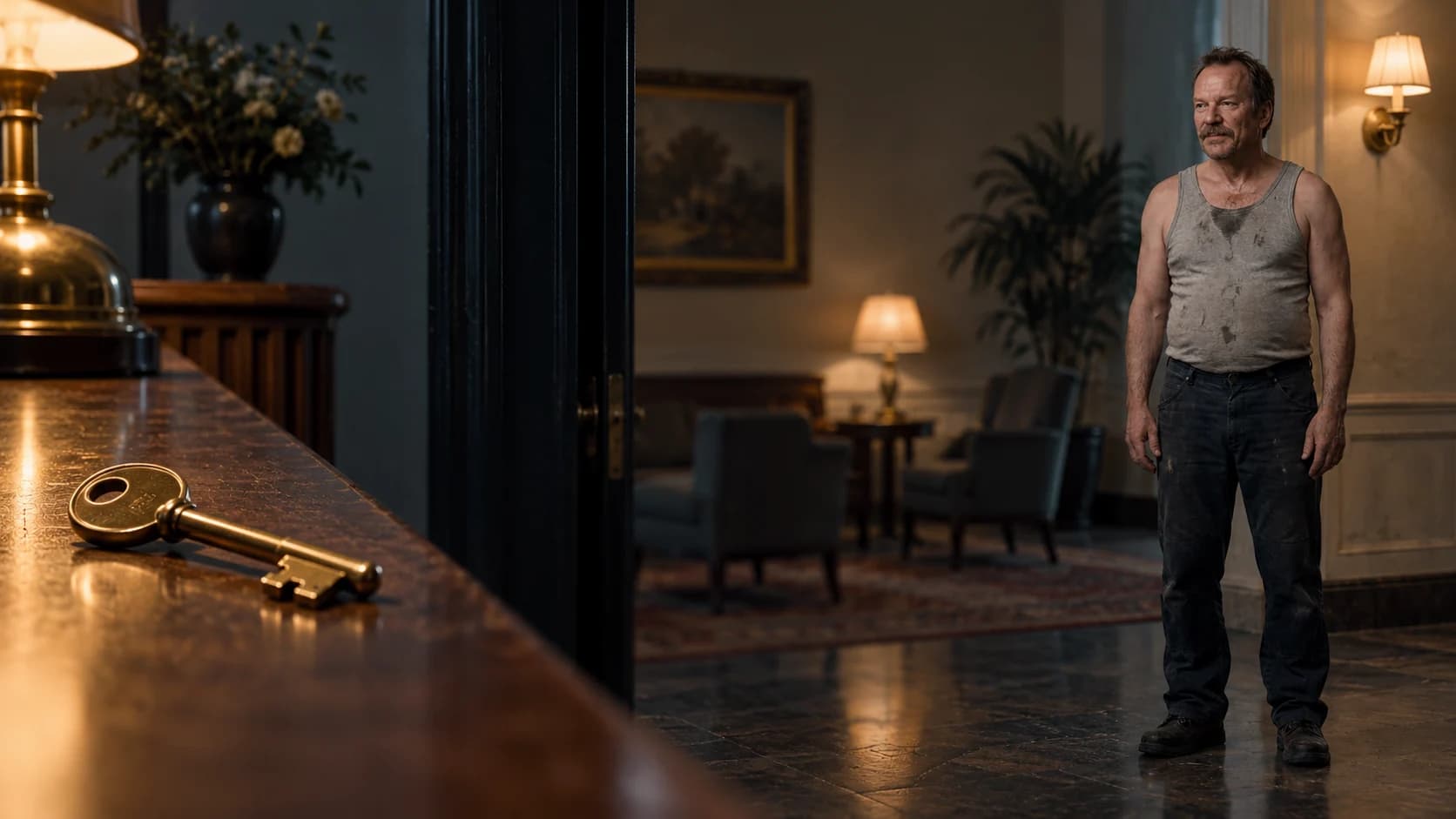 A sharp brass key close to the lens and Brutalisti in focus across a hotel lobby, separated by a soft focus seam.