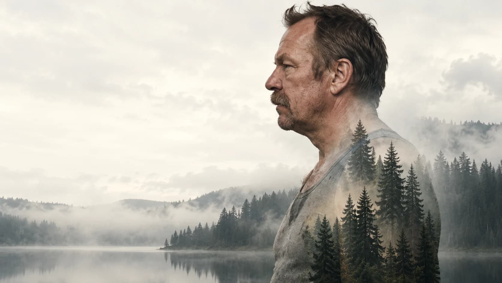 A side-profile portrait of Brutalisti blended with a second exposure of conifers and a misty lake.