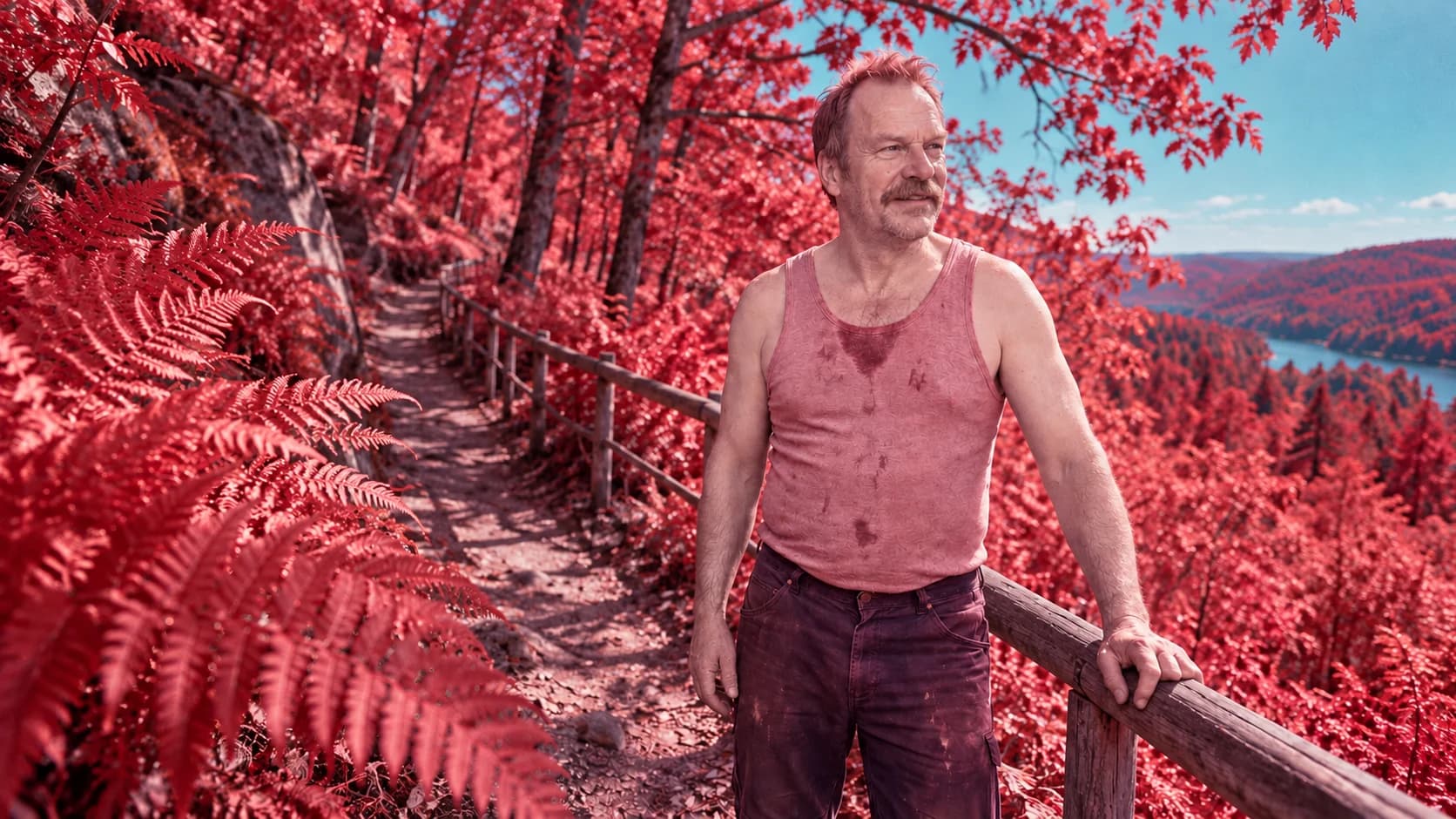 Brutalisti beside a forest railing, with pale luminous skin, a rose-colored sleeveless top and plum-colored jeans sharing the false-color infrared treatment of crimson foliage and a cyan sky.