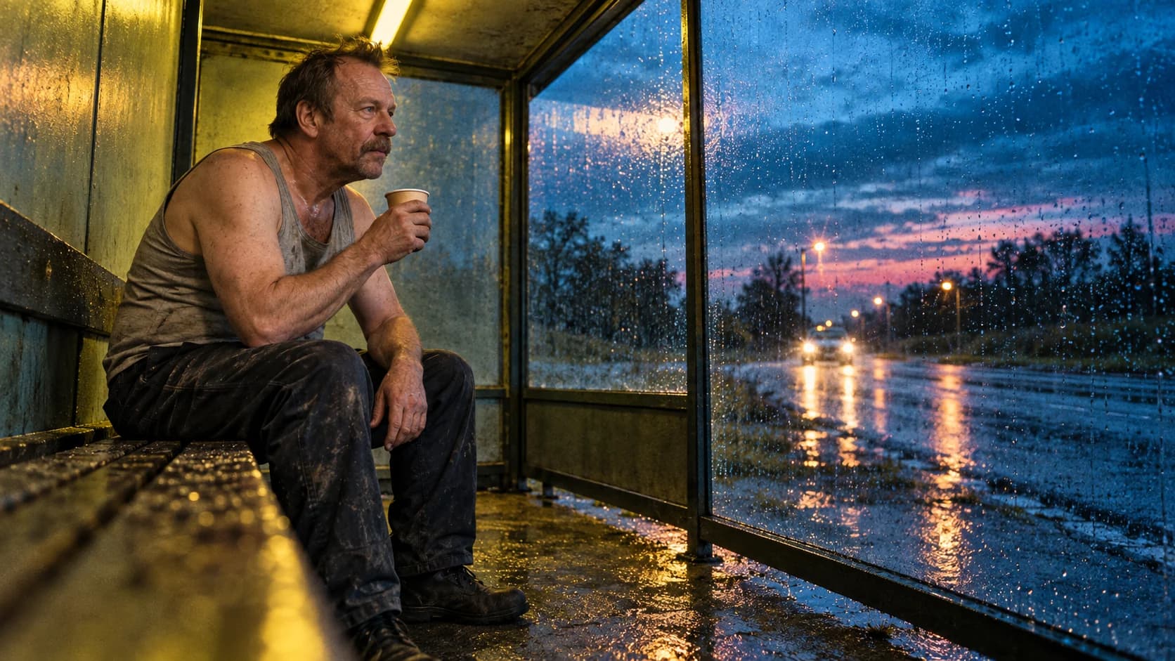 Brutalisti holding a cup at a roadside shelter, with acidic yellow-green light and cyan-magenta color crossover.
