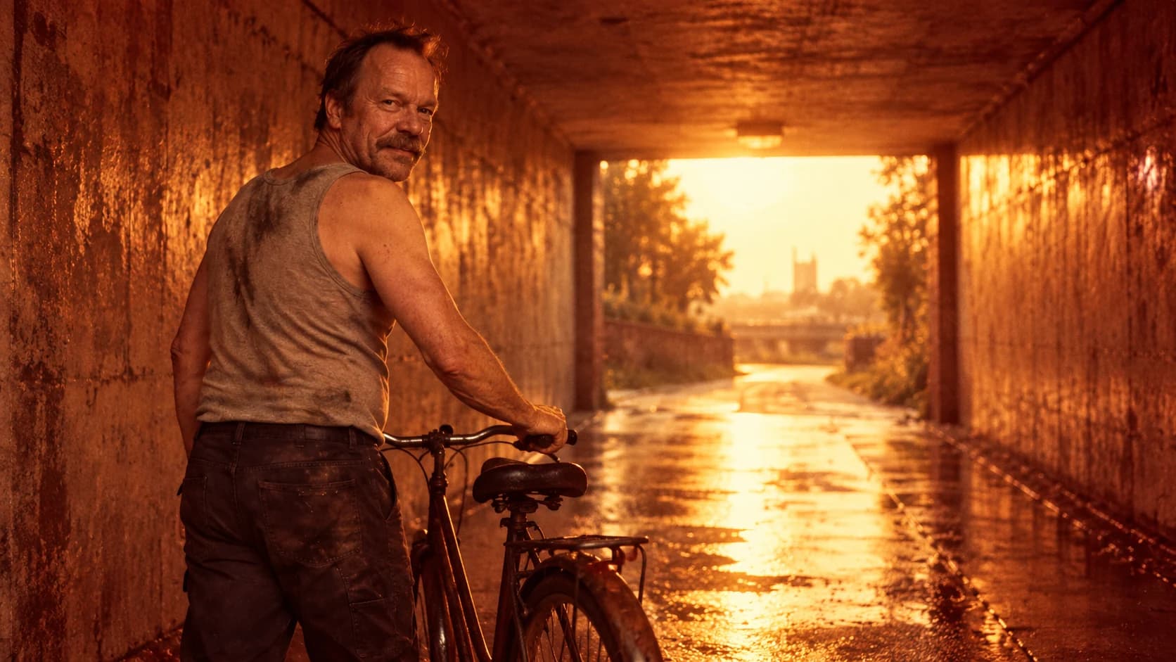 Brutalisti with a bicycle in a pedestrian tunnel, rendered in red, orange and yellow redscale tones.