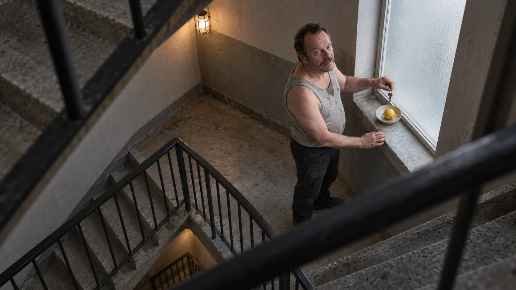 Balanced starting version of the same high-angle stairwell scene, with neutral concrete, natural skin and a yellow lemon.