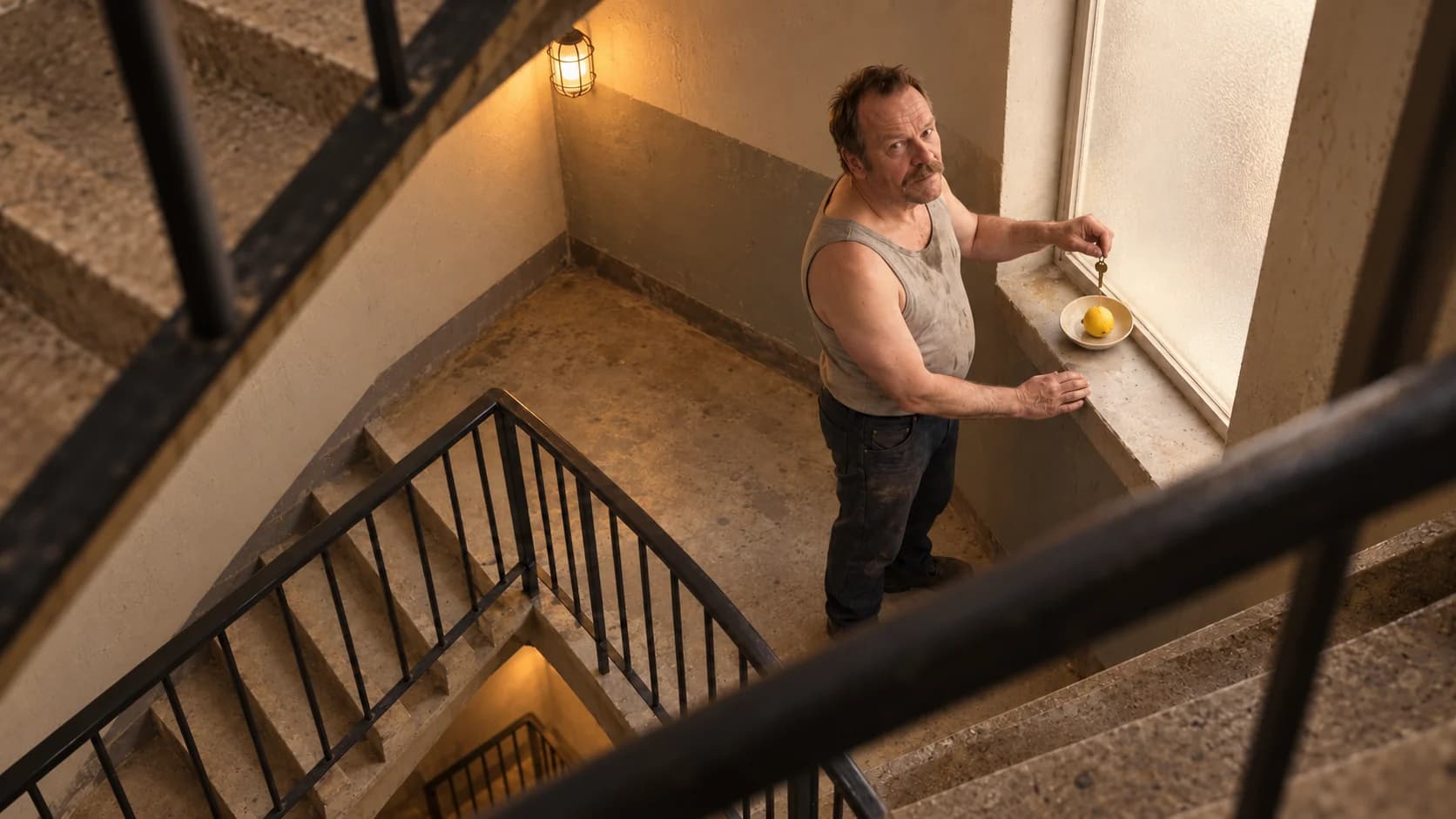 Seen steeply from above through diagonal concrete stairwell railings, Brutalisti holds a key suspended above a dish containing a lemon on the landing. Warm amber version.