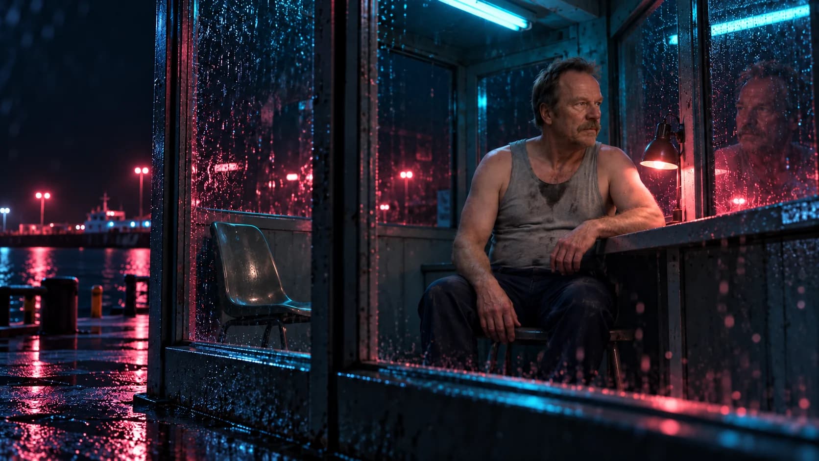 Brutalisti is seen through rain-streaked glass at an empty ferry terminal booth, with a face reflection, an empty chair and colored practical lights. Neon noir interpretation.