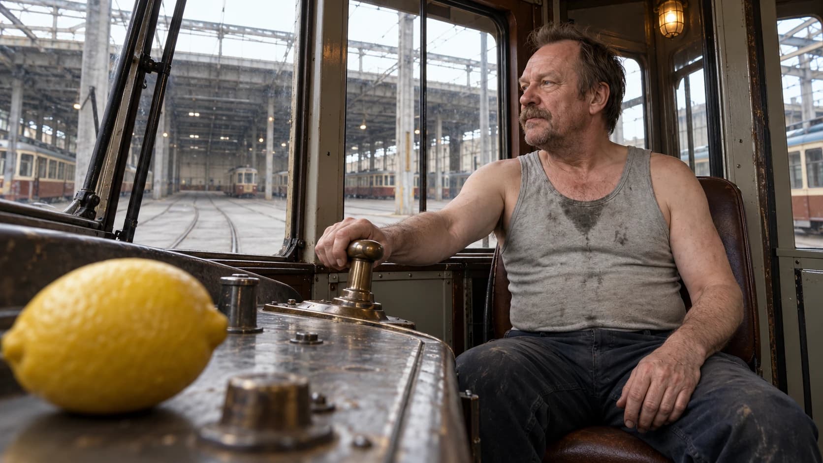 Brutalisti sits at the controls of an empty tram, framed past an oversized foreground lemon and a brass lever, with the depot beyond the windows. Balanced version.