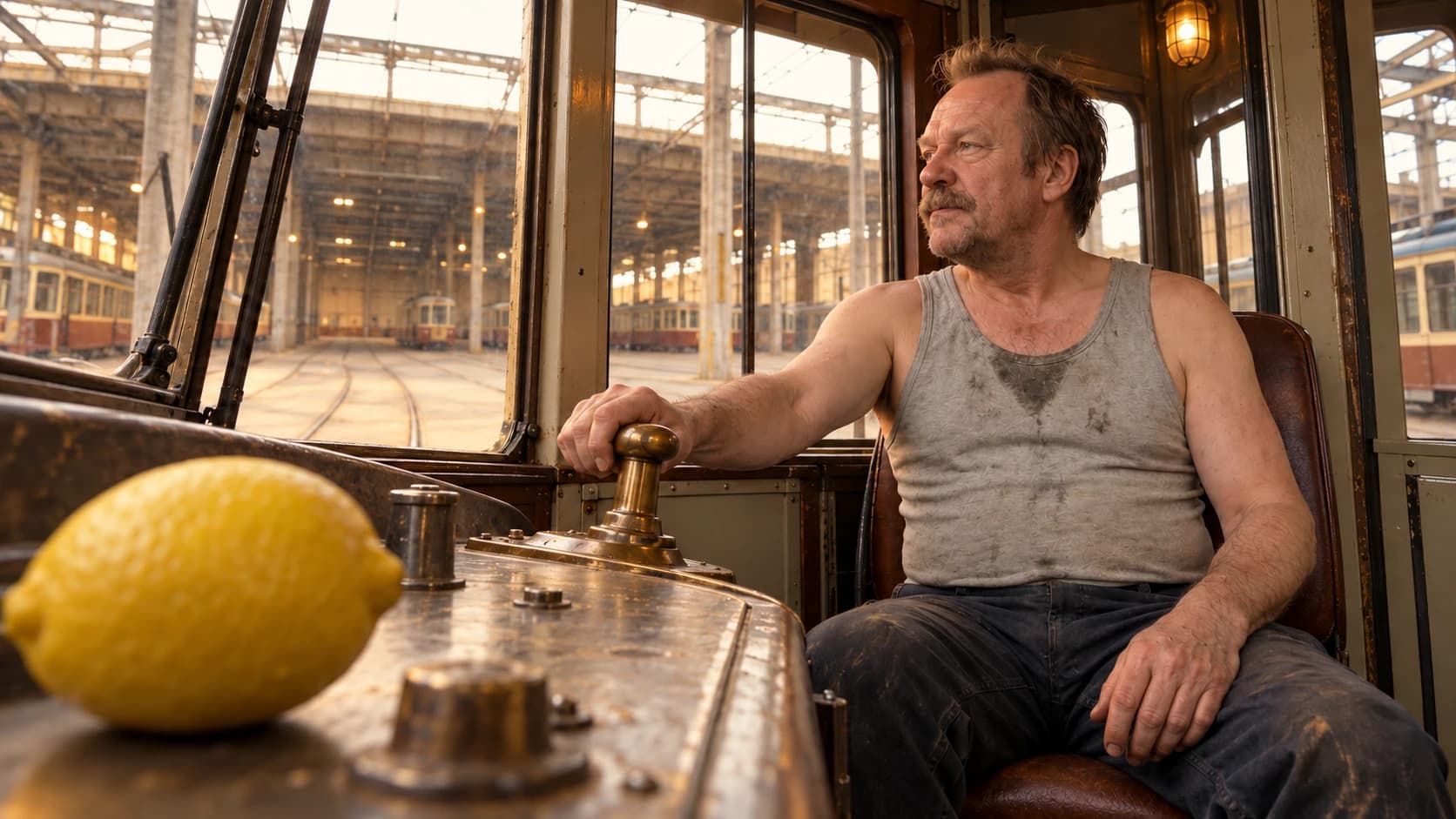 Brutalisti sits at the controls of an empty tram, framed past an oversized foreground lemon and a brass lever, with the depot beyond the windows. Quiet warmth interpretation.